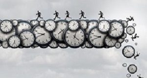 'Fateful Life Events' affect ageing and mortality risk Working overtime health risk and work exhaustion symbol as business people running away from falling clock objects as a corporate stress metaphor with 3D illustration elements.