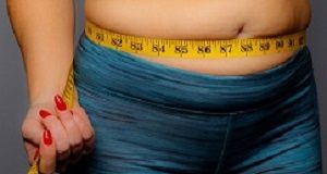 More accurate method of estimating body fat developed Woman in Active Wear With Squeezed Measuring Tape on a Gray Background